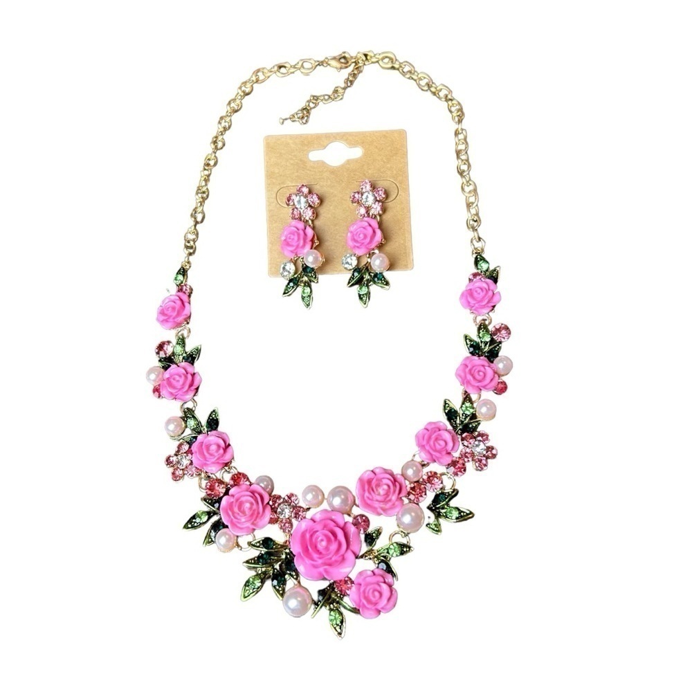 Pink Flower Rose Cluster Necklace Earring Set w/ Faux Pearl & Rhinestone Accents - Picture 15 of 15